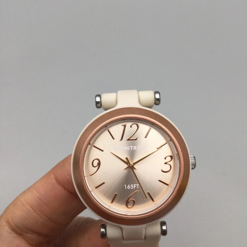 Armitron Pro Sport Womens Watch 32mm Rose Gold Tone Beige Resin New Battery